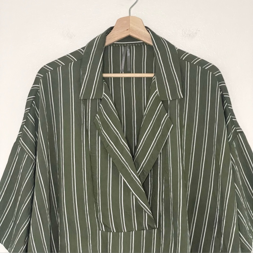 Anthropologie The Dylon Short Sleeve Wide Placket Blouse Green Stripe Large - Picture 8 of 15